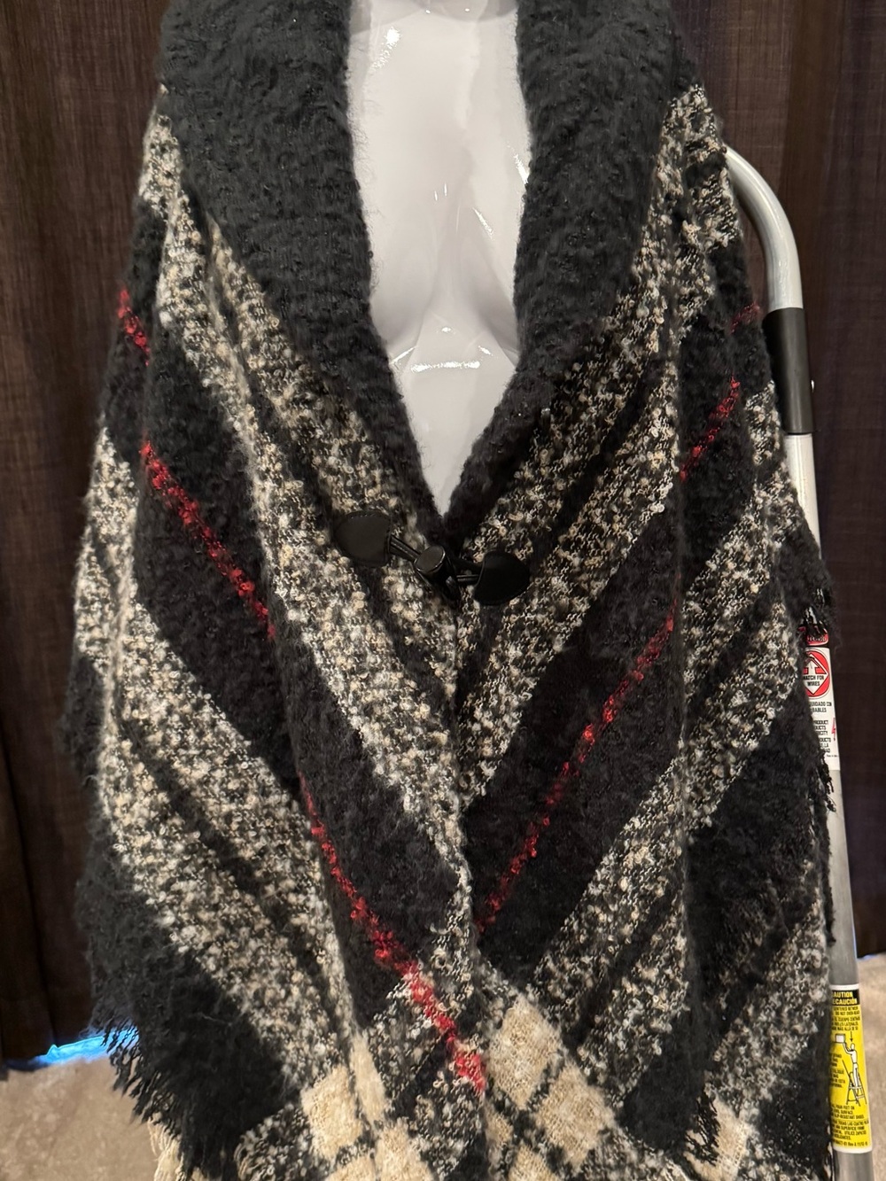 St. John's Bay Black, Cream & Red Plaid Shawl Poncho